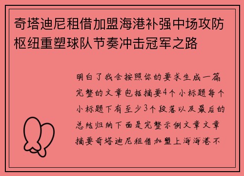 奇塔迪尼租借加盟海港补强中场攻防枢纽重塑球队节奏冲击冠军之路